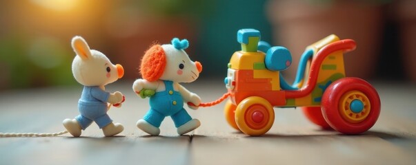 Obraz premium Colorful pull-along toy on string, soft texture, activity toy, animal, plush