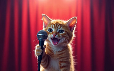 A cute little cat stood singing on the stage. 