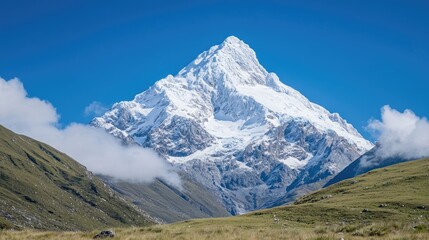Snowy mountain peak, bright sky, valley landscape.  Possible use Stock photo for travel, nature, adventure, or tourism