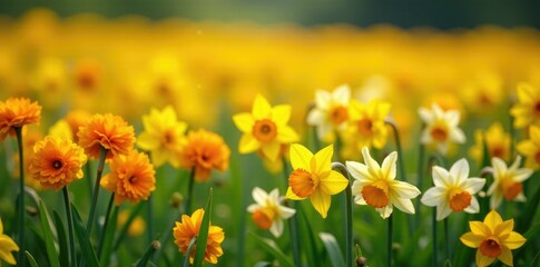 Obraz premium A colorful mix of orange marigold, yellow daffodils, and white lilies, nature, field, marigold