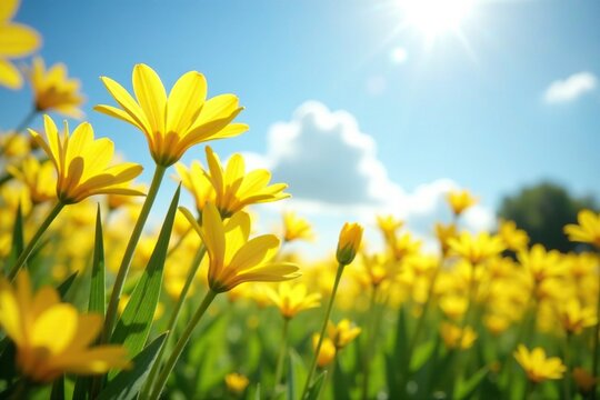 Bright yellow flowers stretching towards the sky, warm, sunlight, August