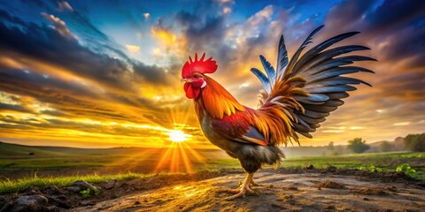 Fototapeta premium Long exposure captures a rooster's sunrise crow, painting the farm in ethereal light.
