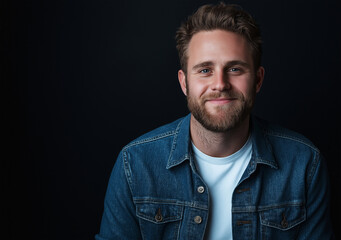 Fototapeta premium Studio portrait of a happy man wearing a denim shirt over a white t-shirt, set against a black background. He has short hair, a beard, and brown eyes, smiling with his teeth showing while looking dire