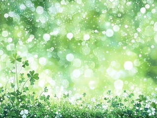 Obraz premium A vibrant green background with soft bokeh effects and clovers, creating a fresh and lively atmosphere.