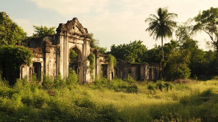 Fototapeta premium Ancient ruins of a once-grand building now lie overgrown with greenery. Amidst the fields, these remnants of a bygone era showcase its historical significance.