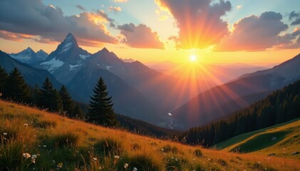 Obraz premium Golden sunrise paints distant peaks, long shadows stretch across valley , vibrant, clouds