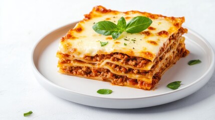 A delicious slice of lasagna layered with meat, cheese, and herbs, served on a white plate, garnished with fresh basil.