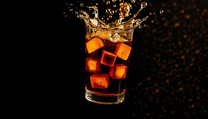 A dramatic splash of cola in a glass filled with ice cubes, captured in mid-air