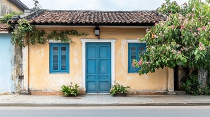 Obraz premium Beige wall in Galle, Sri Lanka with a blue door for architecture