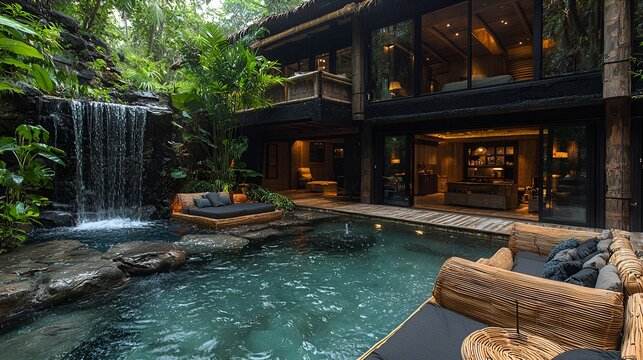 Luxurious jungle resort pool area, waterfall