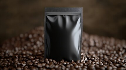 A premium matte black coffee bag mockup placed on a rich bed of roasted coffee beans, ready for branding and advertising