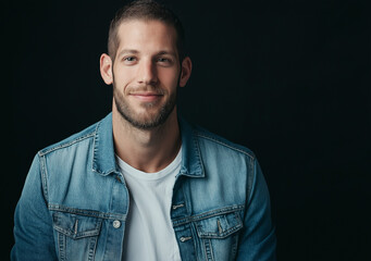 Obraz premium Studio portrait of a happy man wearing a denim shirt over a white t-shirt, set against a black background. He has short hair, a beard, and brown eyes, smiling with his teeth showing while looking dire