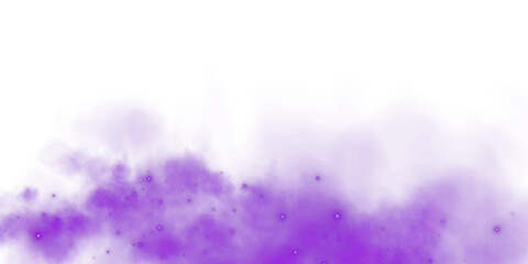 Fantastic purple smoke background. Magic purple smoke with glitter and small particles of twinkling stars. Fog with luminous particles. Purple vapor with stardust. Morning fog over land or water. PNG.