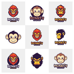 Set of Head Monkey Mascot logo design concept vector. Creative Monkey Logo Design Template.