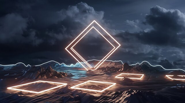 Neon Framed Cloud Gateway Over Mountainous Landscape