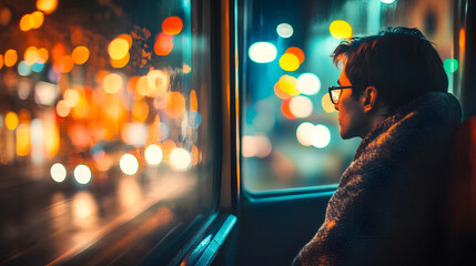 train ride with a lone passenger gazing out the window at blurred city lights 