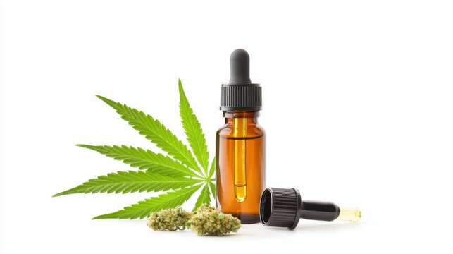 Cannabis Oil Dropper Bottle with Leaves and Buds on White Background