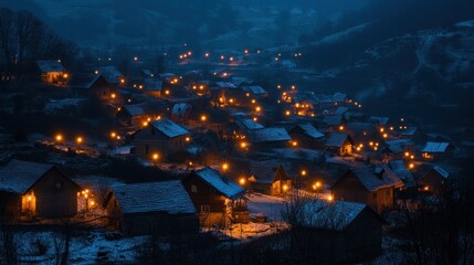 Enchanting twilight village nestled among softly rolling snowy hills