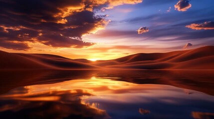 Obraz premium A stunning sunset over a serene desert, reflecting vibrant colors in a tranquil body of water. The vastness and beauty of nature evoke a sense of peace and wonder.