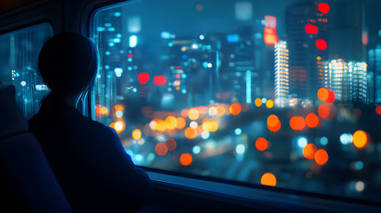 train ride with a lone passenger gazing out the window at blurred city lights 