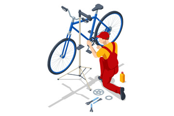 An isometric illustration of a bike mechanic in red overalls repairing a blue bicycle on a stand. Various tools and bike parts are organized around.