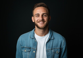 Fototapeta premium Studio portrait of a happy man wearing a denim shirt over a white t-shirt, set against a black background. He has short hair, a beard, and brown eyes, smiling with his teeth showing while looking dire