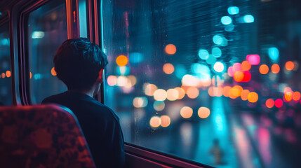 train ride with a lone passenger gazing out the window at blurred city lights 