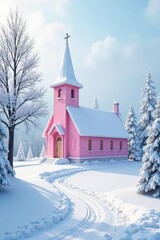 Pastel pink chapel blends seamlessly into the snowy landscape, serene, snowy