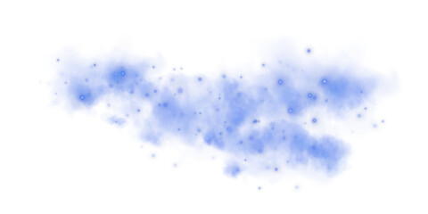 Fantastic blue smoke background. Magic blue smoke with glitter and small particles of twinkling stars. Fog with luminous particles. Blue vapor with stardust. Morning fog over land or water. PNG.