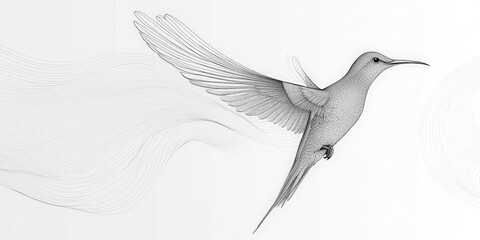 Obraz premium A detailed line drawing captures a vibrant hummingbird mid-flight, its slender body poised as it darts rightward. With a long, curved beak and elegantly arched tail, the bird's expansive wings convey 