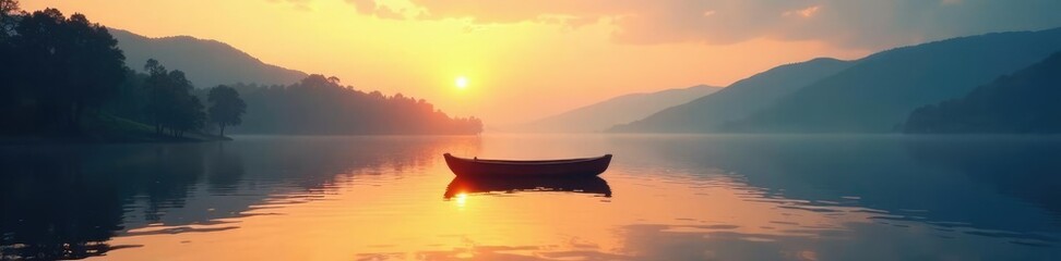 Small boat floats serenely in the fading light, lake, peaceful