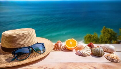 「波の音と夏の小物」 海を背景に、テーブルの上に麦わら帽子、サングラス、貝殻、フルーツが並ぶ。右側に広めの空白エリア