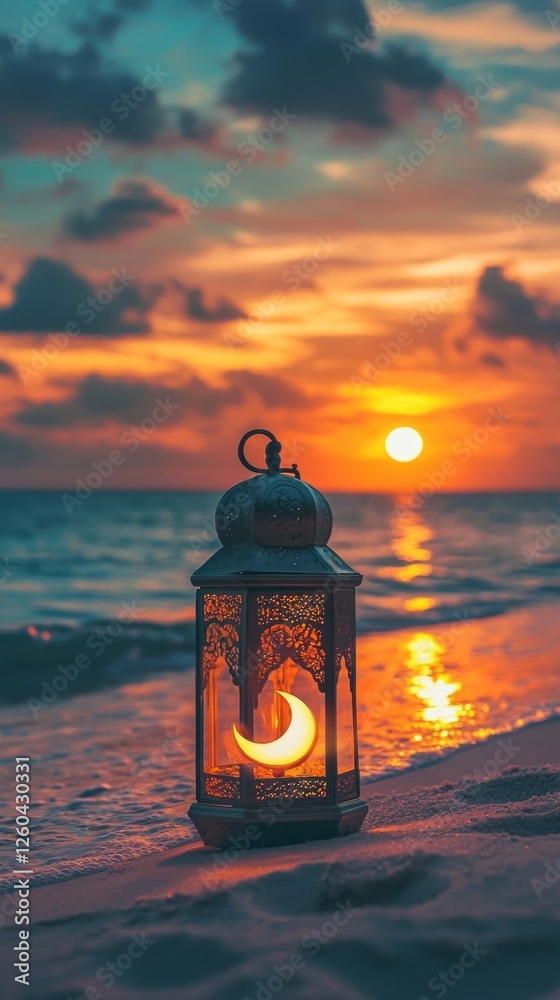 Poster this traditional lantern lamp, adorned with a crescent shape, casts a warm glow as the sun sets over