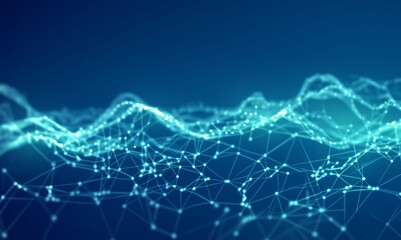 Obraz premium Abstract background waves of blue dots and ripples. Blue digital network connection structure technology corporate concept. Technical science presentation background. Technology wallpaper, template.