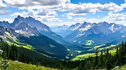 Fototapeta premium Majestic Mountain Valley with Lush Green Meadows and Snow-capped Peaks.