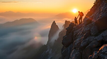 Fototapeta premium Hikers reach summit at sunrise, mountain peak, inspiring view.
