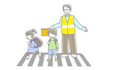 交通安全ボランティアをするシニア男性のイラスト