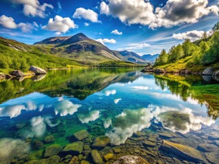 Northern Norway's Narvik: A summer macro shot captures pristine lake reflecting dramatic hills.