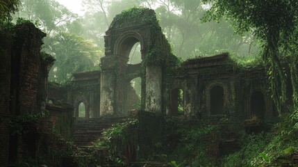 Fototapeta premium Overgrown ruins in Velho Airao, a town in Brazil's Amazon rainforest.