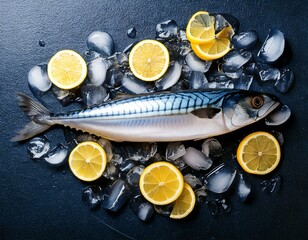 Fresh whole mackerel with ice cubes and lemon slices on the table, top view.