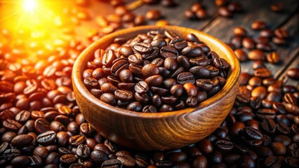 Fototapeta premium Overhead shot: a bowl overflowing with roasted coffee beans, a tempting aroma implied.