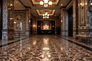 Obraz premium A stunning hotel corridor with polished marble floors, grand chandeliers, and elegant lighting. 