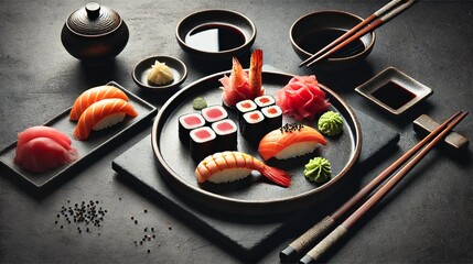 Beautifully plated sushi assortment with salmon, tuna, shrimp, and maki rolls, served with soy sauce and wasabi