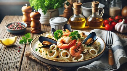 A gourmet seafood pasta dish with shrimp, mussels, and squid, garnished with fresh parsley and served with olive oil.