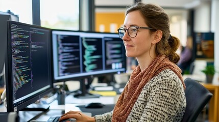 Focused Female Developer Coding on Dual Monitors in Bright Office, Building Innovative Solutions.