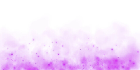 Fantastic purple smoke background. Magic purple smoke with glitter and small particles of twinkling stars. Fog with luminous particles. Purple vapor with stardust. Morning fog over land or water. PNG.