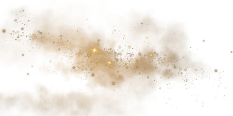 Fantastic golden smoke background. Magic golden smoke with glitter and small particles of twinkling stars. Fog with luminous particles. Yellow vapor with stardust. Morning fog over land or water. PNG.