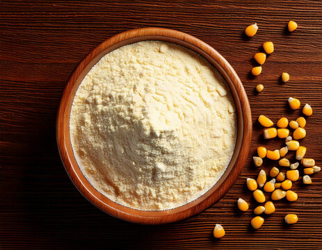 A bowl of cornstarch with corn kernels on a wooden table, top view.