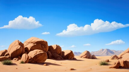 A serene desert landscape featuring majestic rock formations, vibrant blue skies, and soft, fluffy clouds
