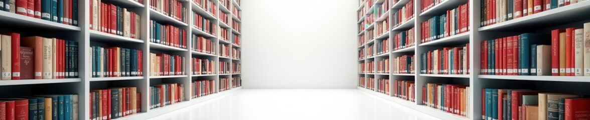 Vast white-walled library, countless bookshelves , organized, vintage, education
